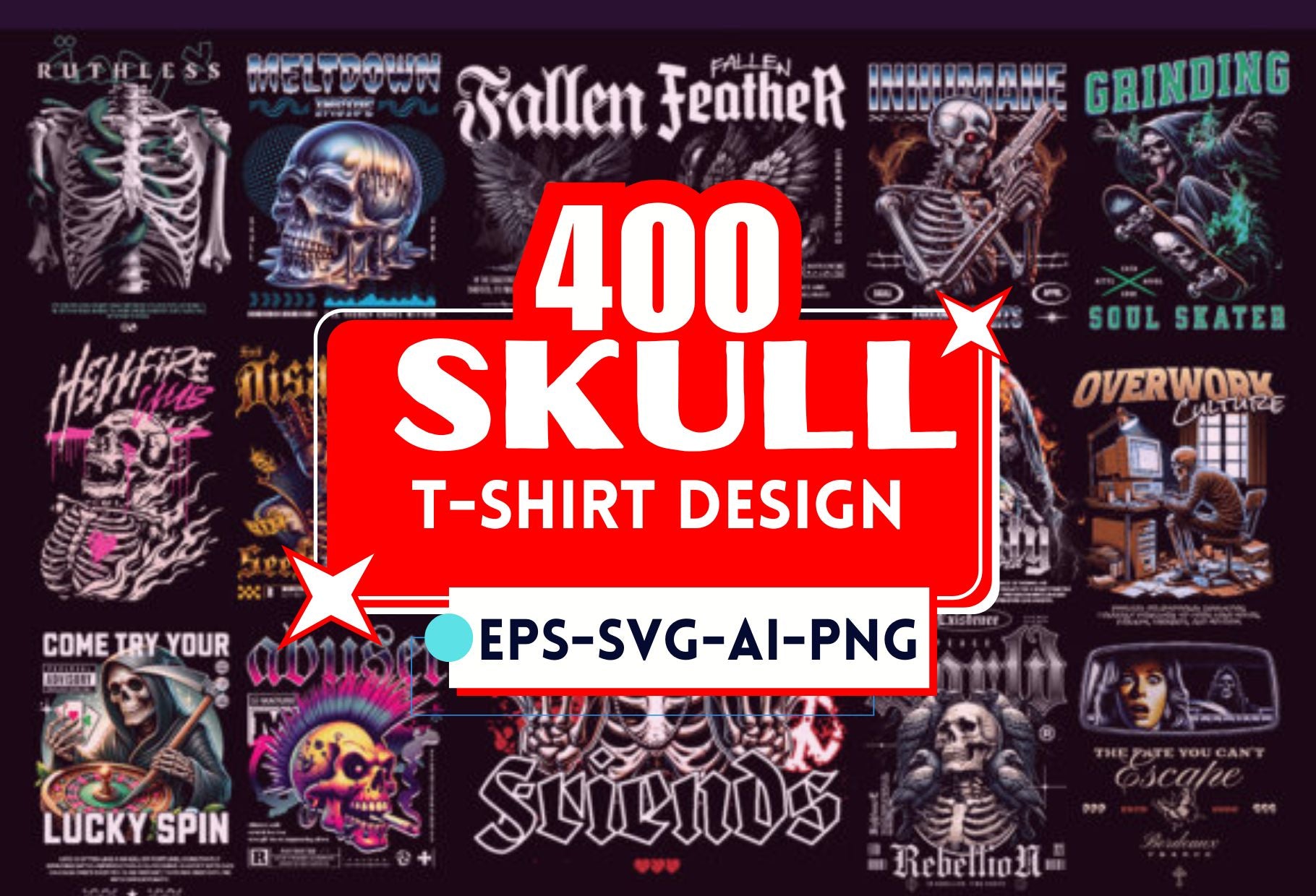 Massive 400+ Skull Design Bundle – Editable SVG, PNG, PSD Files for T-Shirts, Posters & Merch