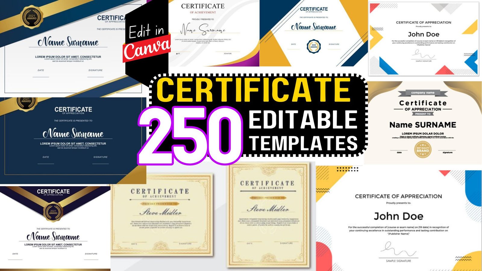 250+ Certificate Template Bundle For Canva | Achievement, Award, Recognition, Hair, Massage, Lashes Course, Training | Digital Certificate Maker