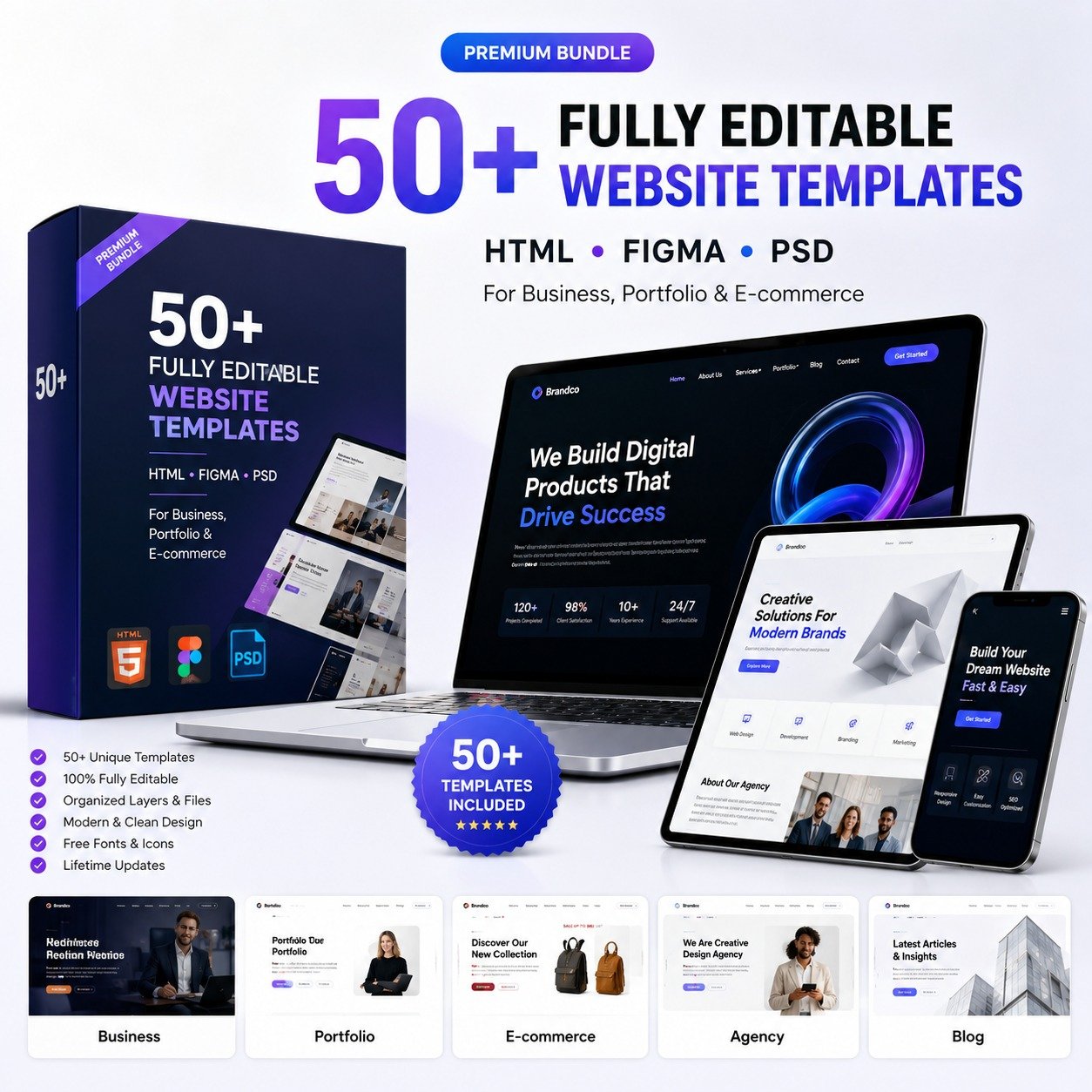 50+ Fully Editable Website Templates | HTML, Figma, PSD for Business, Portfolio & E-commerce