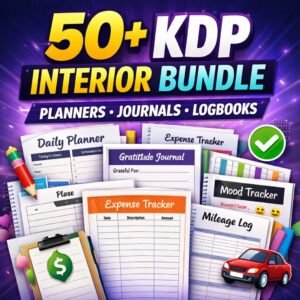 50 KDP Interior Bundle – Editable Planners, Journals & Logbooks for Amazon KDP Low & Medium Content Publishing