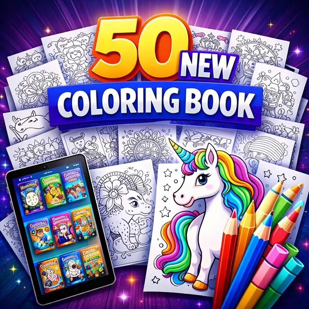 50 New Coloring Book Pages Bundle – Printable KDP Coloring Pages for Kids & Adults | Ready-to-Publish Interiors